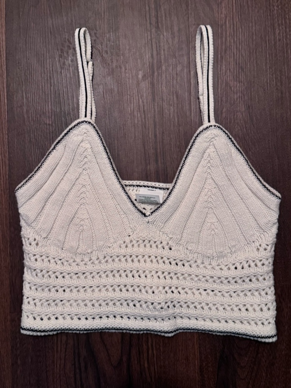 wild fable Ivory Knit Crochet V-Neck Cami with Navy Trim